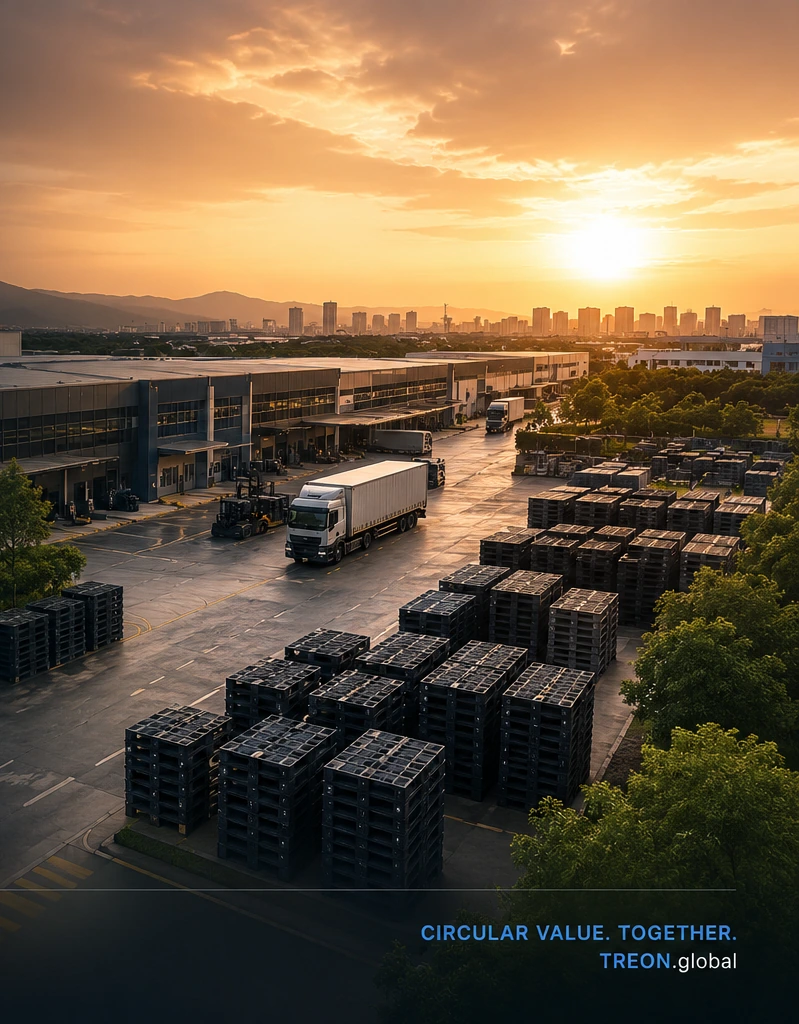 Industrial logistics and dark circular pallets at a modern distribution site